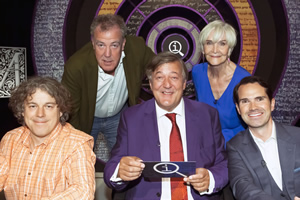 QI. Image shows from L to R: Alan Davies, Jeremy Clarkson, Stephen Fry, Sheila Hancock, Jimmy Carr. Copyright: TalkbackThames