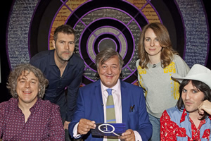 QI. Image shows from L to R: Alan Davies, Rhod Gilbert, Stephen Fry, Cariad Lloyd, Noel Fielding. Copyright: TalkbackThames