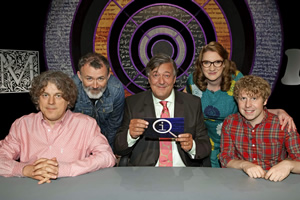 QI. Image shows from L to R: Alan Davies, Tommy Tiernan, Stephen Fry, Sarah Millican, Josh Widdicombe. Copyright: TalkbackThames