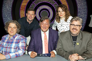 QI. Image shows from L to R: Alan Davies, Dermot O'Leary, Stephen Fry, Cariad Lloyd, Phill Jupitus. Copyright: TalkbackThames