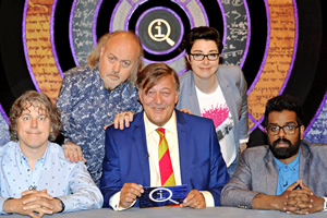 QI. Image shows from L to R: Alan Davies, Bill Bailey, Stephen Fry, Sue Perkins, Romesh Ranganathan. Copyright: TalkbackThames