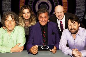 QI. Image shows from L to R: Alan Davies, Julia Zemiro, Stephen Fry, Matt Lucas, David Mitchell. Copyright: TalkbackThames