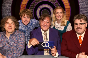 QI. Image shows from L to R: Alan Davies, Josh Widdicombe, Stephen Fry, Sara Pascoe, Phill Jupitus. Copyright: TalkbackThames