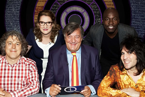 QI. Image shows from L to R: Alan Davies, Sarah Millican, Stephen Fry, Eddie Kadi, Noel Fielding. Copyright: TalkbackThames