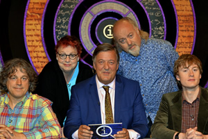 QI. Image shows from L to R: Alan Davies, Jo Brand, Stephen Fry, Bill Bailey, James Acaster. Copyright: TalkbackThames