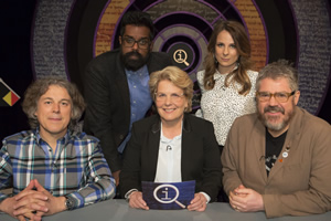 QI. Image shows from L to R: Alan Davies, Romesh Ranganathan, Sandi Toksvig, Cariad Lloyd, Phill Jupitus. Copyright: TalkbackThames