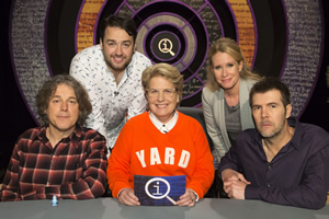 QI. Image shows from L to R: Alan Davies, Jason Manford, Sandi Toksvig, Lucy Beaumont, Rhod Gilbert. Copyright: TalkbackThames