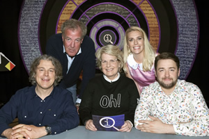 QI. Image shows from L to R: Alan Davies, Jeremy Clarkson, Sandi Toksvig, Sara Pascoe, Jason Manford. Copyright: TalkbackThames