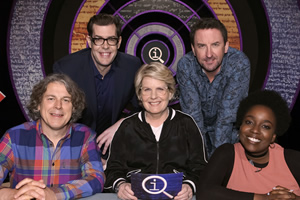 QI. Image shows from L to R: Alan Davies, Richard Osman, Sandi Toksvig, Lee Mack, Lolly Adefope. Copyright: TalkbackThames