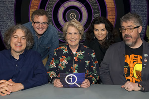 QI. Image shows from L to R: Alan Davies, Miles Jupp, Sandi Toksvig, Deirdre O'Kane, Phill Jupitus. Copyright: TalkbackThames