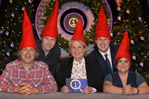 QI. Image shows from L to R: Alan Davies, Josh Widdicombe, Sandi Toksvig, Matt Lucas, Susan Calman. Copyright: TalkbackThames