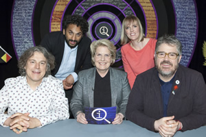 QI. Image shows from L to R: Alan Davies, Nish Kumar, Sandi Toksvig, Holly Walsh, Phill Jupitus. Copyright: TalkbackThames