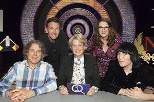 QI. Image shows from L to R: Alan Davies, Colin Lane, Sandi Toksvig, Sarah Millican, Noel Fielding. Copyright: TalkbackThames