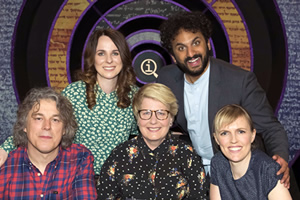 QI. Image shows from L to R: Alan Davies, Cariad Lloyd, Sandi Toksvig, Nish Kumar, Holly Walsh. Copyright: TalkbackThames