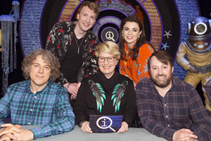 QI. Image shows from L to R: Alan Davies, Joe Lycett, Sandi Toksvig, Aisling Bea, David Mitchell. Copyright: TalkbackThames