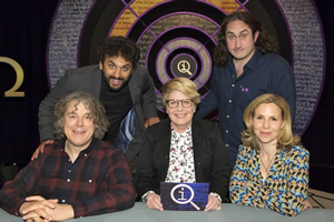 QI. Image shows from L to R: Alan Davies, Nish Kumar, Sandi Toksvig, Ross Noble, Sally Phillips. Copyright: TalkbackThames