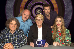 QI. Image shows from L to R: Alan Davies, Bill Bailey, Sandi Toksvig, Rhod Gilbert, Katherine Ryan. Copyright: TalkbackThames