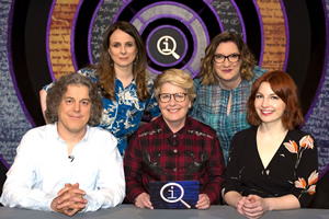 QI. Image shows from L to R: Alan Davies, Cariad Lloyd, Sandi Toksvig, Sarah Millican, Alice Levine. Copyright: TalkbackThames