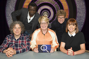 QI. Image shows from L to R: Alan Davies, Stephen K Amos, Sandi Toksvig, Josh Widdicombe, Cally Beaton. Copyright: TalkbackThames