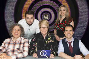 QI. Image shows from L to R: Alan Davies, Jason Manford, Sandi Toksvig, Victoria Coren Mitchell, Jimmy Carr. Copyright: TalkbackThames