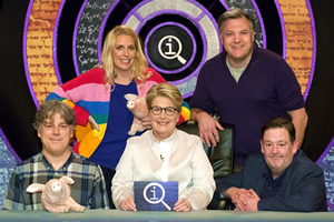 QI. Image shows from L to R: Alan Davies, Sara Pascoe, Sandi Toksvig, Ed Balls, Johnny Vegas. Copyright: TalkbackThames