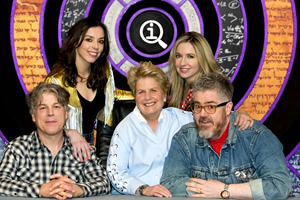 QI. Image shows from L to R: Alan Davies, Bridget Christie, Sandi Toksvig, Victoria Coren Mitchell, Phill Jupitus. Copyright: TalkbackThames