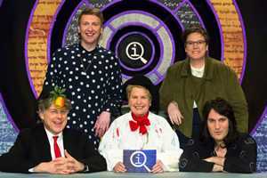 QI. Image shows from L to R: Alan Davies, Joe Lycett, Sandi Toksvig, Hannah Gadsby, Noel Fielding. Copyright: TalkbackThames