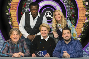 QI. Image shows from L to R: Alan Davies, Stephen K Amos, Sandi Toksvig, Sara Pascoe, Jason Manford. Copyright: TalkbackThames