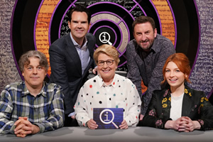 QI. Image shows from L to R: Alan Davies, Jimmy Carr, Sandi Toksvig, Lee Mack, Alice Levine. Copyright: TalkbackThames