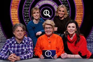 QI. Image shows from L to R: Alan Davies, Holly Walsh, Sandi Toksvig, Nikki Bedi, Aisling Bea. Copyright: TalkbackThames