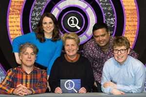 QI. Image shows from L to R: Alan Davies, Cariad Lloyd, Sandi Toksvig, Paul Sinha, Josh Widdicombe. Copyright: TalkbackThames