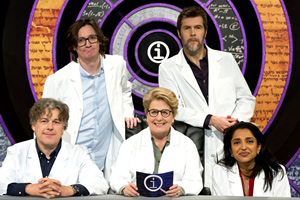 QI. Image shows from L to R: Alan Davies, Ed Byrne, Sandi Toksvig, Rhod Gilbert, Sindhu Vee. Copyright: TalkbackThames