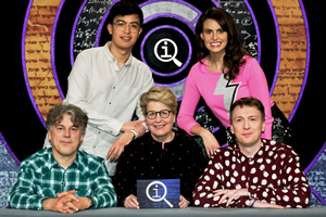 QI. Image shows from L to R: Alan Davies, Phil Wang, Sandi Toksvig, Ellie Taylor, Joe Lycett. Copyright: TalkbackThames