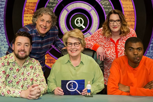 QI. Image shows from L to R: Jason Manford, Alan Davies, Sandi Toksvig, Sarah Millican, Loyiso Gola. Copyright: TalkbackThames