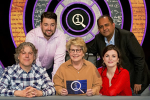 QI. Image shows from L to R: Alan Davies, Jason Manford, Sandi Toksvig, Anuvab Pal, Aisling Bea. Copyright: TalkbackThames