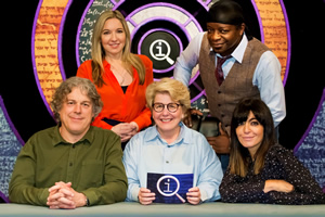 QI. Image shows from L to R: Alan Davies, Victoria Coren Mitchell, Sandi Toksvig, Stephen K Amos, Claudia Winkleman. Copyright: TalkbackThames