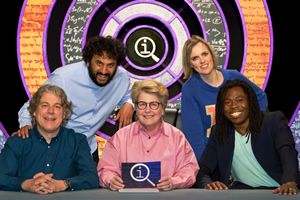 QI. Image shows from L to R: Alan Davies, Nish Kumar, Sandi Toksvig, Holly Walsh, Ade Adepitan. Copyright: TalkbackThames