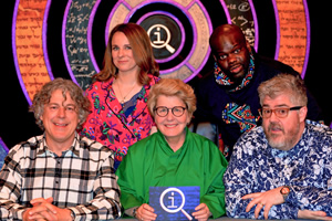 QI. Image shows from L to R: Alan Davies, Cariad Lloyd, Sandi Toksvig, Daliso Chaponda, Phill Jupitus. Copyright: TalkbackThames