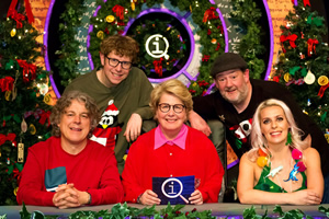 QI. Image shows from L to R: Alan Davies, Josh Widdicombe, Sandi Toksvig, Johnny Vegas, Sara Pascoe