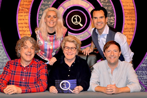 QI. Image shows from L to R: Alan Davies, Sara Pascoe, Sandi Toksvig, Jimmy Carr, Andrew Maxwell