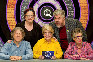 QI. Image shows from L to R: Alan Davies, Jo Brand, Sandi Toksvig, Phill Jupitus, Prue Leith