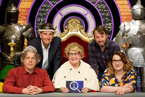 QI. Image shows from L to R: Alan Davies, Colin Lane, Sandi Toksvig, David Mitchell, Sarah Millican