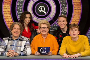 QI. Image shows from L to R: Alan Davies, Bridget Christie, Sandi Toksvig, Joe Lycett, James Acaster