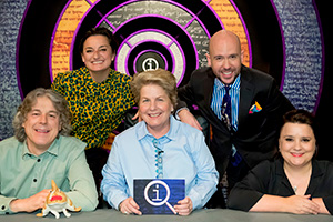 QI. Image shows from L to R: Alan Davies, Zoe Lyons, Sandi Toksvig, Tom Allen, Susan Calman