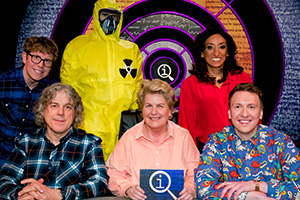 QI. Image shows from L to R: Josh Widdicombe, Alan Davies, Sandi Toksvig, Shazia Mirza, Joe Lycett