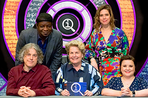 QI. Image shows from L to R: Alan Davies, Stephen K Amos, Sandi Toksvig, Lou Sanders, Susan Calman