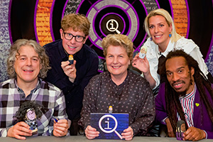 QI. Image shows from L to R: Alan Davies, Josh Widdicombe, Sandi Toksvig, Sara Pascoe, Benjamin Zephaniah