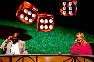 QI. Image shows from L to R: Daliso Chaponda, Sally Phillips