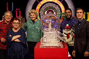 QI. Image shows left to right: Alan Davies, Jo Brand, Sandi Toksvig, Eshaan Akbar, Jimmy Carr