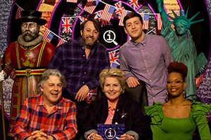 QI. Image shows left to right: Alan Davies, David Mitchell, Sandi Toksvig, Alex Edelman, Kemah Bob